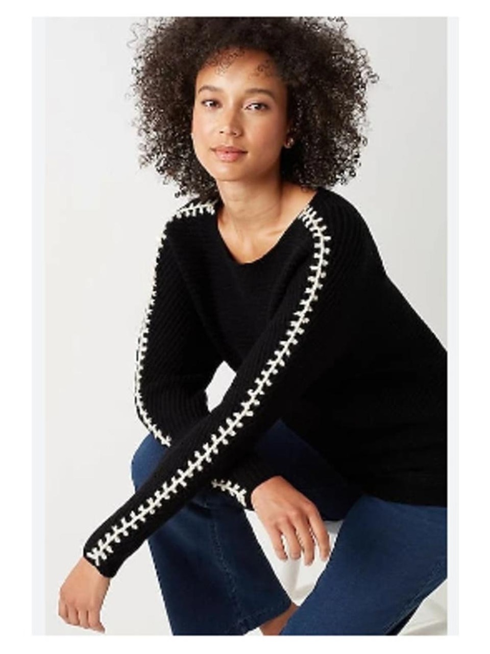 J. Jill Pure Jill Hand Stitched Boatneck Black Sweater White Whipstitch Accents